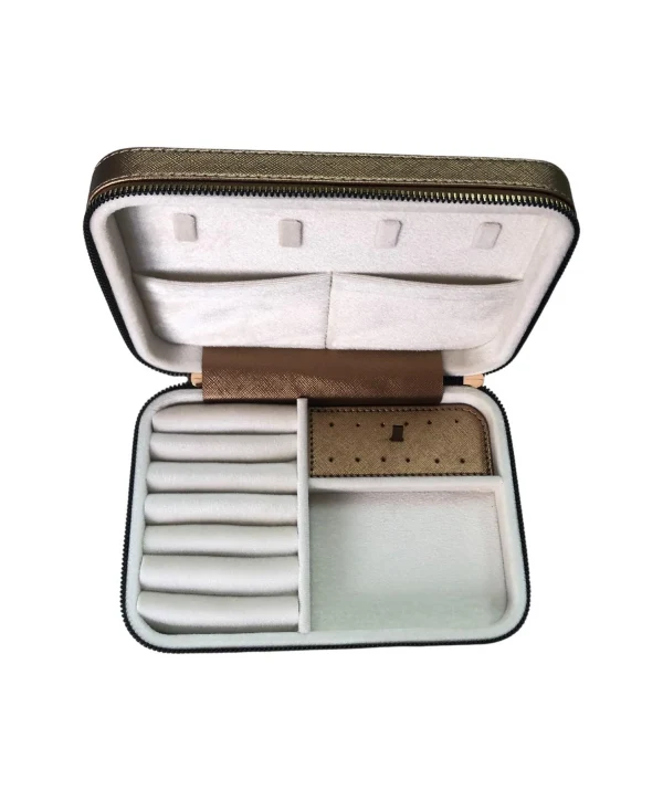 Fermuarlı Deri (Ahşap Kasalı ) Büyük boy Takı, Seyahat Ve Mücevher Çantası,kutusu Bakır(14x21 Cm)