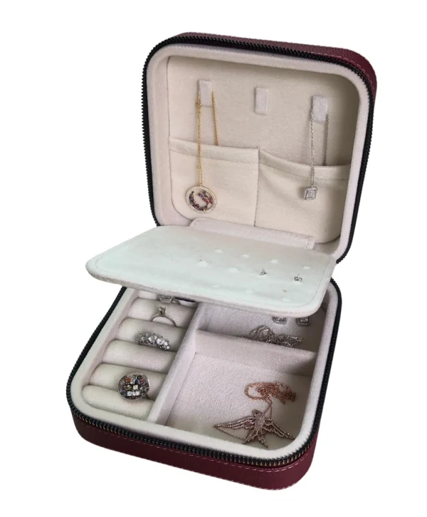 Fermuarlı Deri (Ahşap Kasalı ) Orta boy Takı, Seyahat Ve Mücevher Çantası,kutusu Bordo(15x15 Cm)