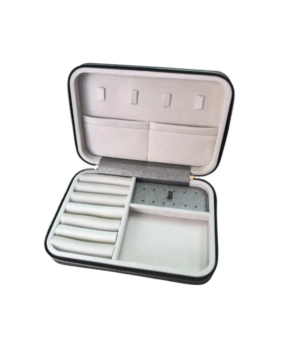 Fermuarlı Deri (ahşap Kasalı ) Büyük Boy Takı, Seyahat Ve Mücevher Çantası,Sılver 14x21 Cm)