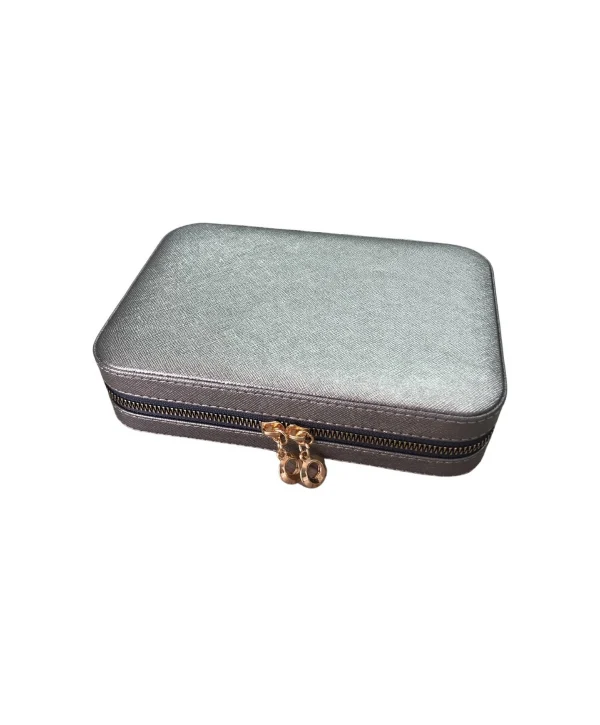 Fermuarlı Deri (ahşap Kasalı ) Büyük Boy Takı, Seyahat Ve Mücevher Çantası,Sılver 14x21 Cm)