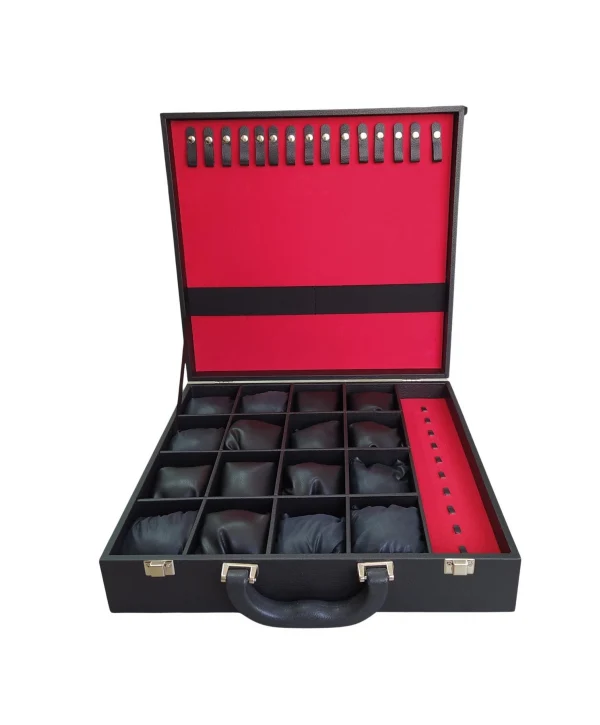 Saat& Yüzük&Tesbih ve Zincir Çantası 16 Lİ Ahşap Kasa Üzeri Siyah Deri Kaplama