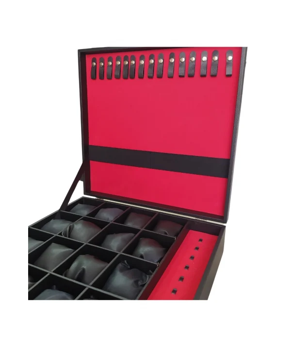 Saat& Yüzük&Tesbih ve Zincir Çantası 16 Lİ Ahşap Kasa Üzeri Siyah Deri Kaplama