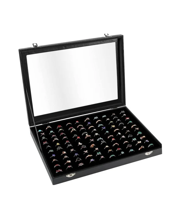 Camlı  Kapaklı Batırlmalı 100 lü Yüzük Tablası Siyah Süet