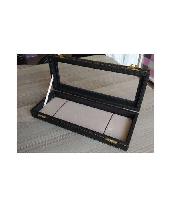 Deri Dikişli Ultra Geniş Camlı Tesbih& Bileklik Kutusu Siyah