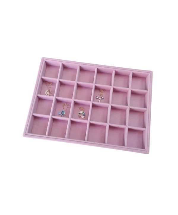 24 Bölmeli Kolye Ucu Küpe Yüzük Servis Tablası Pembe Süet