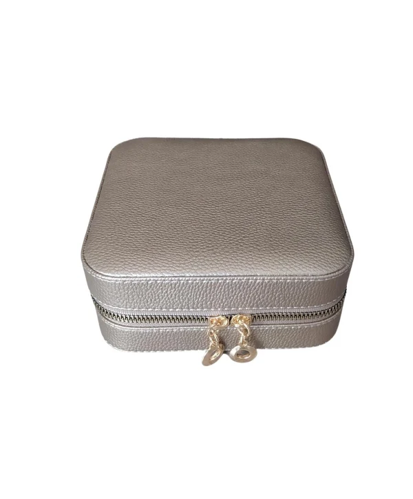 Fermuarlı Deri (ahşap Kasalı ) Orta Boy Takı, Seyahat Ve Mücevher Çantası,kutusu Gold (15x15 Cm)