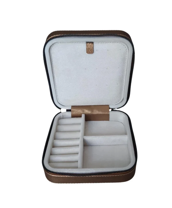 Fermuarlı Deri (ahşap Kasalı ) Orta Boy Takı, Seyahat Ve Mücevher Çantası,kutusu Bakır  (15x15 Cm)