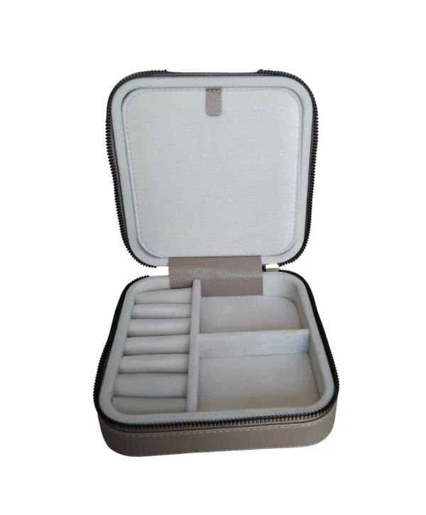 Fermuarlı Deri (ahşap Kasalı ) Orta Boy Takı, Seyahat Ve Mücevher Çantası,kutusu Vizon  (15x15 Cm)