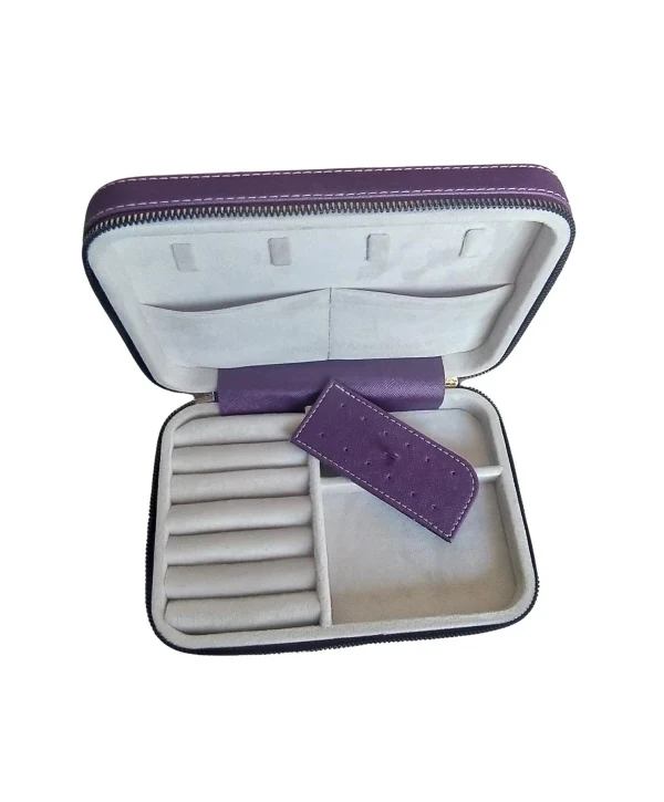 Fermuarlı Deri (Ahşap Kasalı ) Büyük boy Takı, Seyahat Ve Mücevher Çantası,Mor 14x21 Cm)