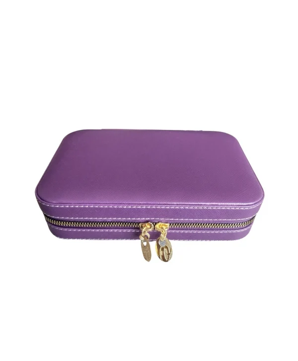 Fermuarlı Deri (Ahşap Kasalı ) Büyük boy Takı, Seyahat Ve Mücevher Çantası,Mor 14x21 Cm)