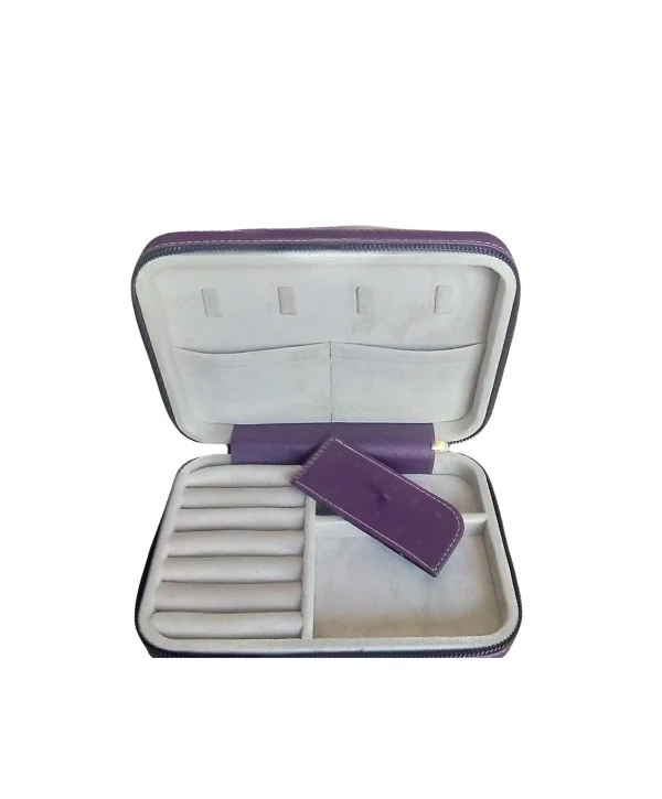 Fermuarlı Deri (Ahşap Kasalı ) Büyük boy Takı, Seyahat Ve Mücevher Çantası,Mor 14x21 Cm)