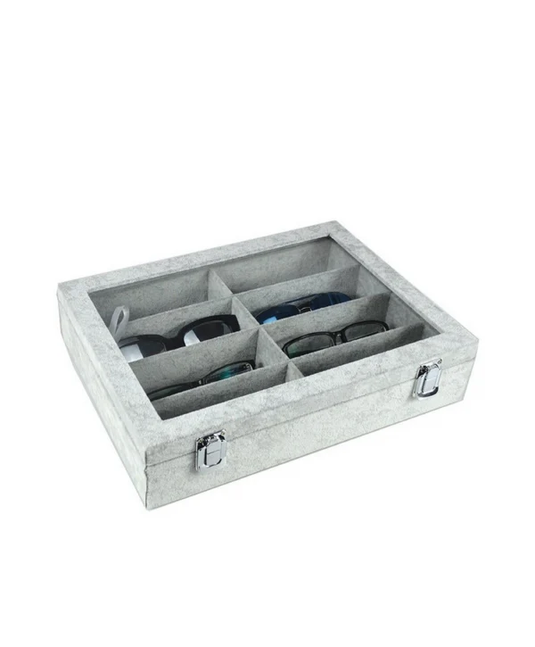 Camlı Kapaklı 8 Bölmeli Gözlük Kutusu,takı Kutusu Ve Çantası Gri Süet