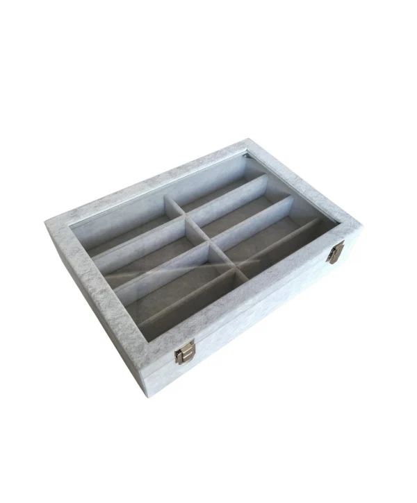 Camlı Kapaklı 8 Bölmeli Gözlük Kutusu,takı Kutusu Ve Çantası Gri Süet