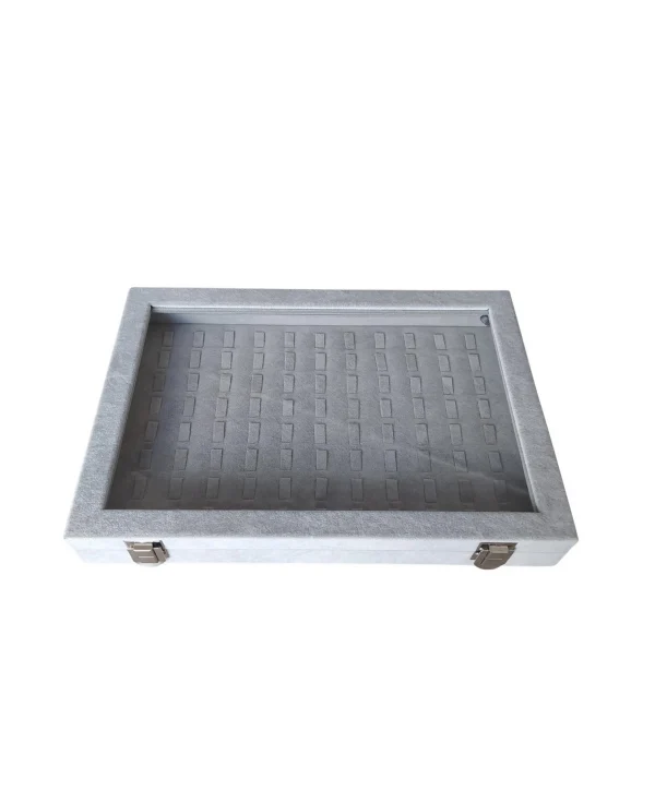 Camlı Kapaklı Tırnaklı Yuzuk-takı Tablası Gri Süet (88 Tırnaklı )