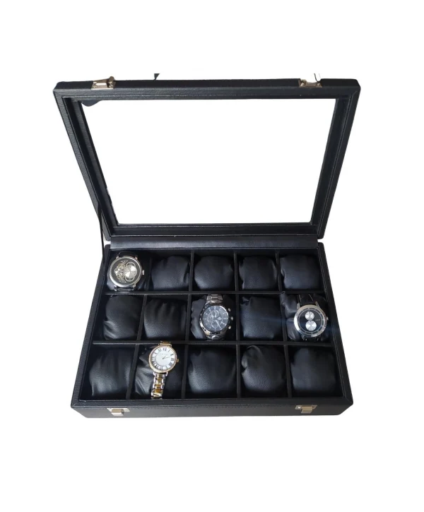 Camlı Kapaklı 15 Li Deri Saatlik& Kelepçelik Kilitli Tablası Siyah /Siyah Içi Deri