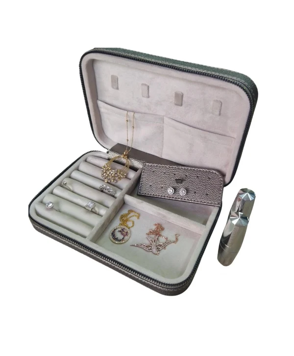 Fermuarlı Deri (Ahşap Kasalı ) Büyük boy Takı, Seyahat Ve Mücevher Çantası,Antrasit(14x21 Cm)