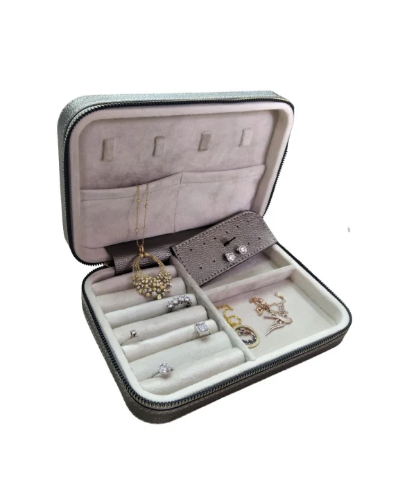 Fermuarlı Deri (Ahşap Kasalı ) Büyük boy Takı, Seyahat Ve Mücevher Çantası,Antrasit(14x21 Cm)