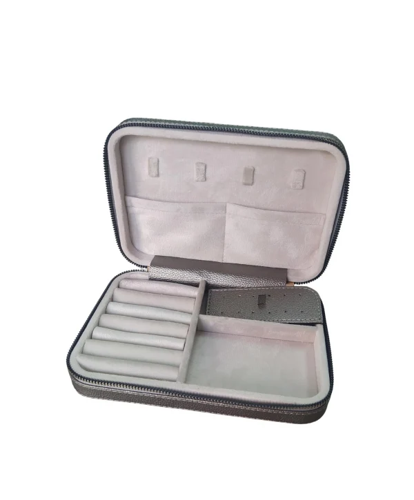 Fermuarlı Deri (Ahşap Kasalı ) Büyük boy Takı, Seyahat Ve Mücevher Çantası,Antrasit(14x21 Cm)