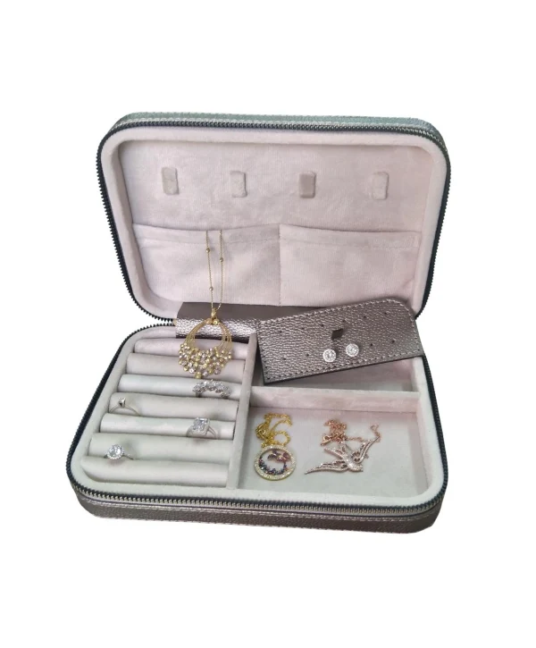 Fermuarlı Deri (Ahşap Kasalı ) Büyük boy Takı, Seyahat Ve Mücevher Çantası,Antrasit(14x21 Cm)