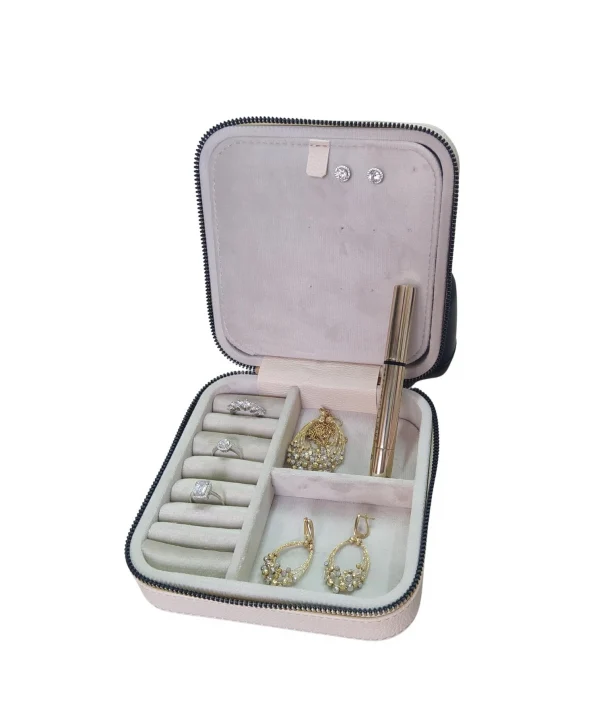 Fermuarlı Deri (Ahşap Kasalı ) Orta boy  Takı, Seyahat Ve Mücevher Çantası,kutusu Krem(15x15 Cm)