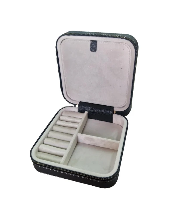 Fermuarlı Deri (Ahşap Kasalı ) Orta boy Takı, Seyahat Ve Mücevher Çantası,kutusu Siyah(15x15 Cm)