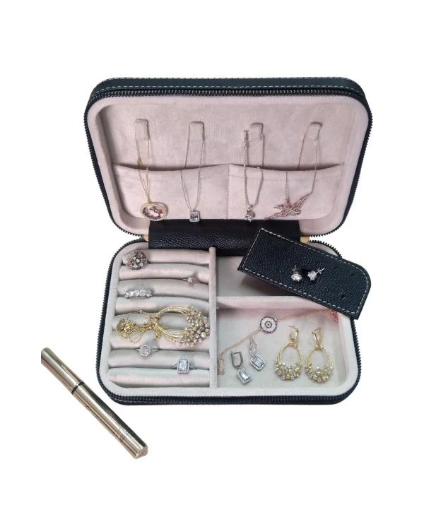 Fermuarlı Deri (Ahşap Kasalı ) Büyük boy Takı, Seyahat Ve Mücevher Çantası,kutusu Siyah(14x21Cm)