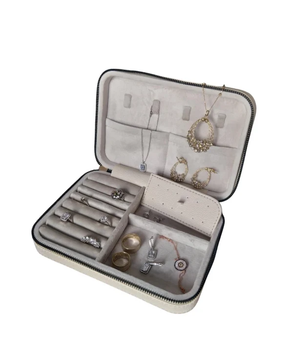 Fermuarlı Deri (Ahşap Kasalı ) Büyük boy  Takı, Seyahat Ve Mücevher Çantası,kutusu Krem(14x21 Cm)