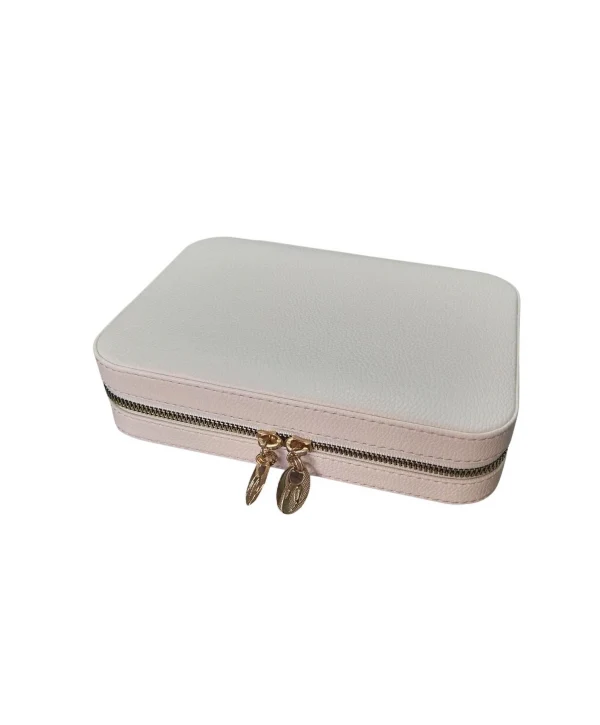 Fermuarlı Deri (Ahşap Kasalı ) Büyük boy  Takı, Seyahat Ve Mücevher Çantası,kutusu Krem(14x21 Cm)