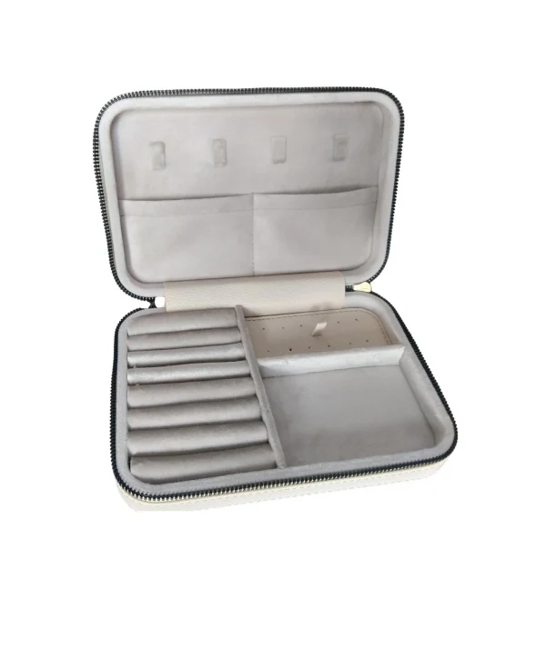 Fermuarlı Deri (Ahşap Kasalı ) Büyük boy  Takı, Seyahat Ve Mücevher Çantası,kutusu Krem(14x21 Cm)