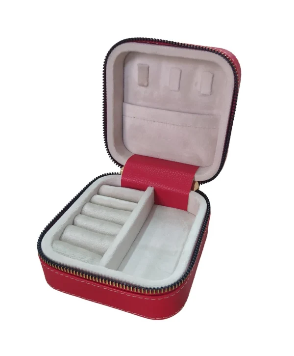 Fermuarlı Deri (Ahşap Kasalı ) Takı, Seyahat Ve Mücevher Çantası,kutusu Kırmızı (11x11 Cm )