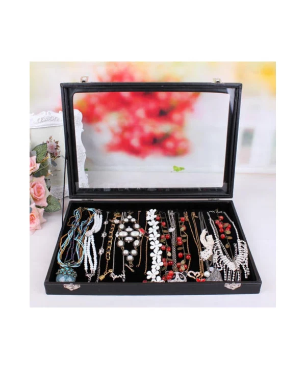 Camlı  Kapaklı Zincir & Bileklik Takı Tablası Siyah içi Süet