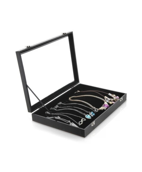 Camlı  Kapaklı Zincir & Bileklik Takı Tablası Siyah içi Süet