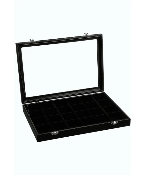 Camlı Kapaklı 24 Bölmeli Takı Tablası Siyah /siyah Içi süet