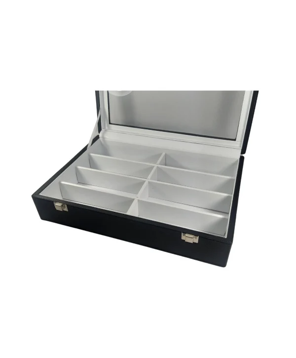 Camlı  Kapaklı 8 bölmeli Gözlük Kutusu,Takı Kutusu ve çantası  Siyah /beyaz içi deri