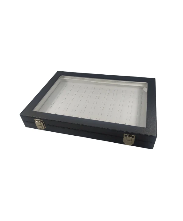 Camlı Kapaklı Tırnaklı Yuzuk-Takı Tablası Siyah Deri / İçi Beyaz ( 88 Tırnaklı)