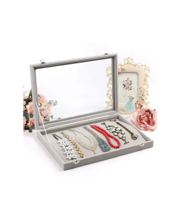 Camlı  Kapaklı Zincir & Bileklik Takı Tablası  Gri Süet