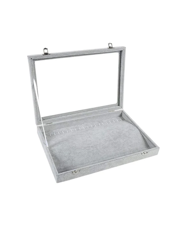 Camlı  Kapaklı Zincir & Bileklik Takı Tablası  Gri Süet