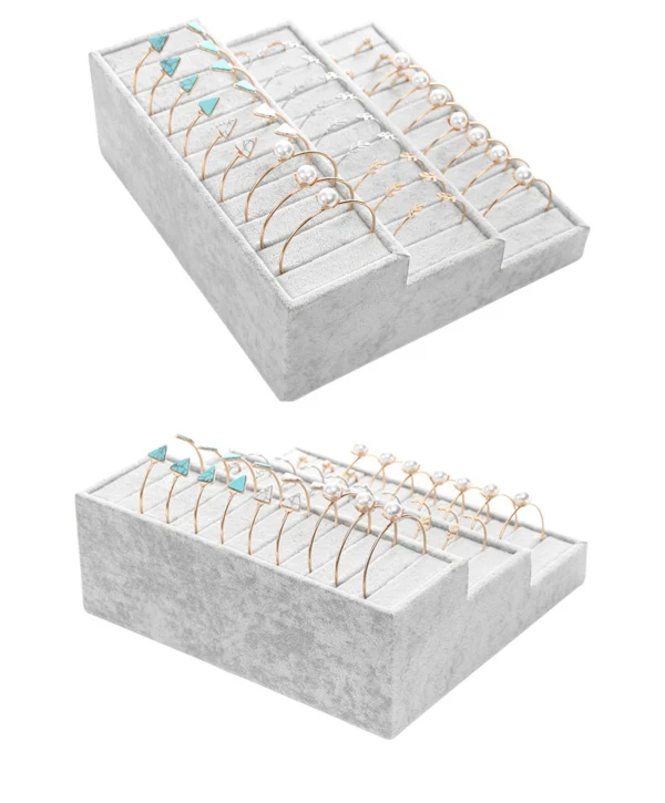 Kademeli Gri Süet Yüzük & Bileklik & Kelepçe Standı (3 katlı)