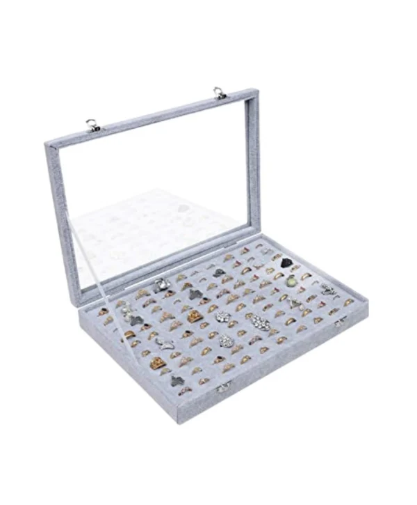 Camlı  Kapaklı Batırlmalı 100 lü Yüzük Tablası  Gri Süet