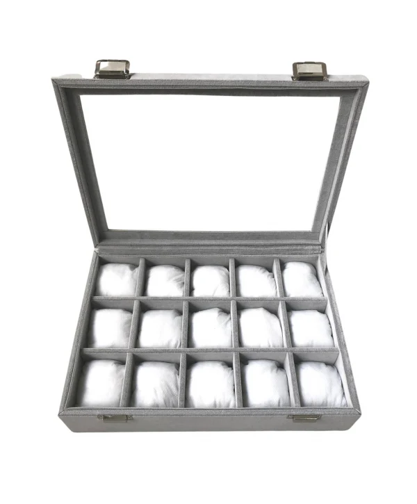 Camlı  Kapaklı 15 Lİ Yastıklı Takı Tablası  Gri Süet