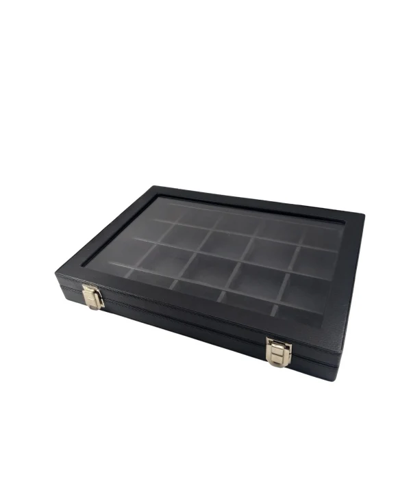 Camlı Kapaklı 20 Bölmeli Takı Tablası Siyah /siyah içi deri