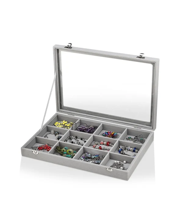 Camlı  Kapaklı 12 Bölmeli Takı Tablası  Gri Süet