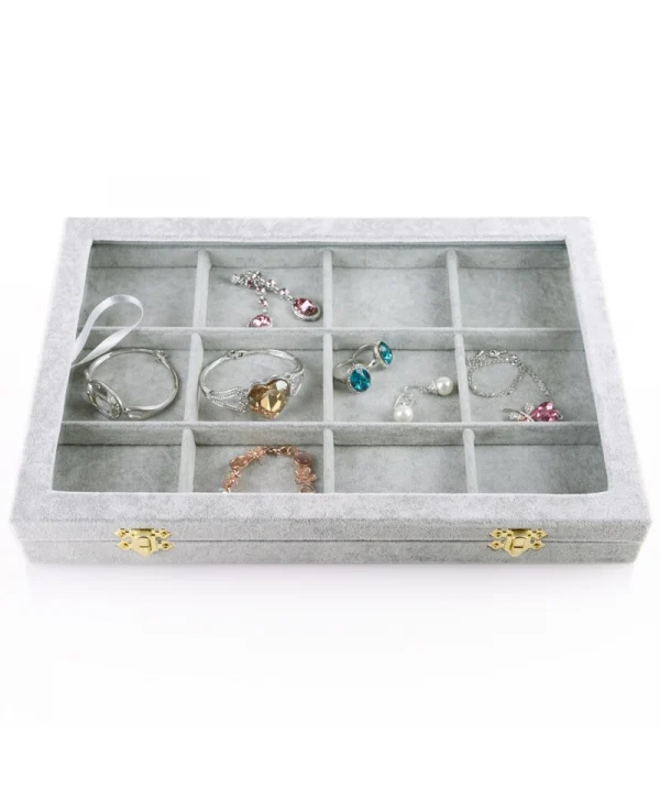 Camlı  Kapaklı 12 Bölmeli Takı Tablası  Gri Süet