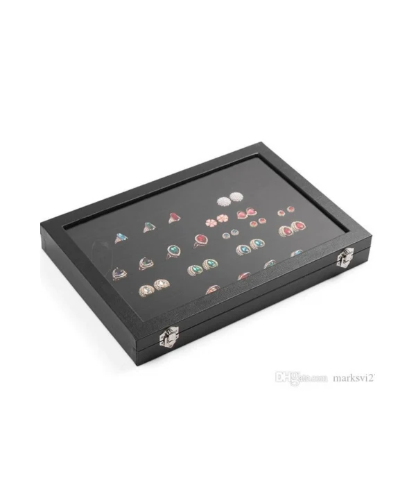 Camlı Kapaklı Rulo Yuzuk-Takı Tablası Siyah deri / içi Süet