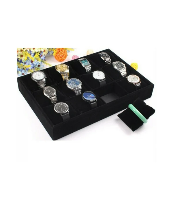 12 Li Saat & Kelepçe Yastıklı Masaüstü Kutu & Tabla Siyah Süet