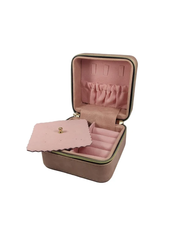 Fermuarlı Süet Takı, Seyahat ve Mücevher Çantası,Kutusu Pembe (11x11 cm )