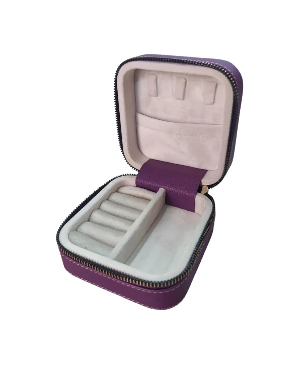 Fermuarlı Deri (Ahşap Kasalı ) Takı, Seyahat Ve Mücevher Çantası,kutusu Mor (11x11 Cm )