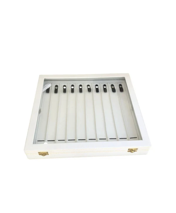 Camlı Kapaklı Çift Kat Tesbih&Bileklik ve takı Tablası Beyaz deri/içi Beyaz (21 Kanallı ve Çıtçıtlı)