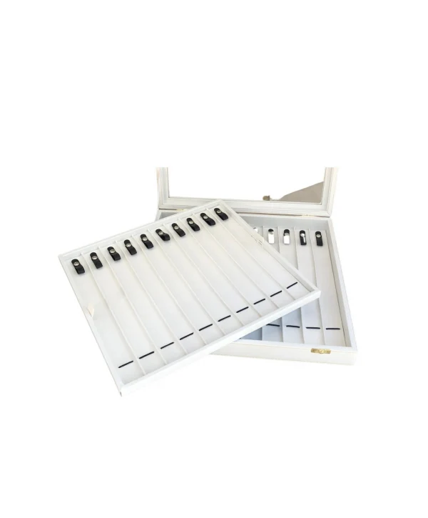 Camlı Kapaklı Çift Kat Tesbih&Bileklik ve takı Tablası Beyaz deri/içi Beyaz (21 Kanallı ve Çıtçıtlı)