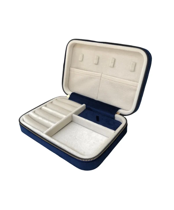 Fermuarlı (Ahşap Kasalı )Büyük boy Takı, Seyahat Ve Mücevher Çantası Lacivert Süet(14x21 Cm)